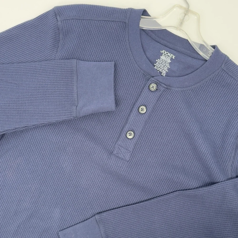 Jockey Waffle Knit Thermal Base Layer Henley Shirt XL Blue Long Sleeve Casual